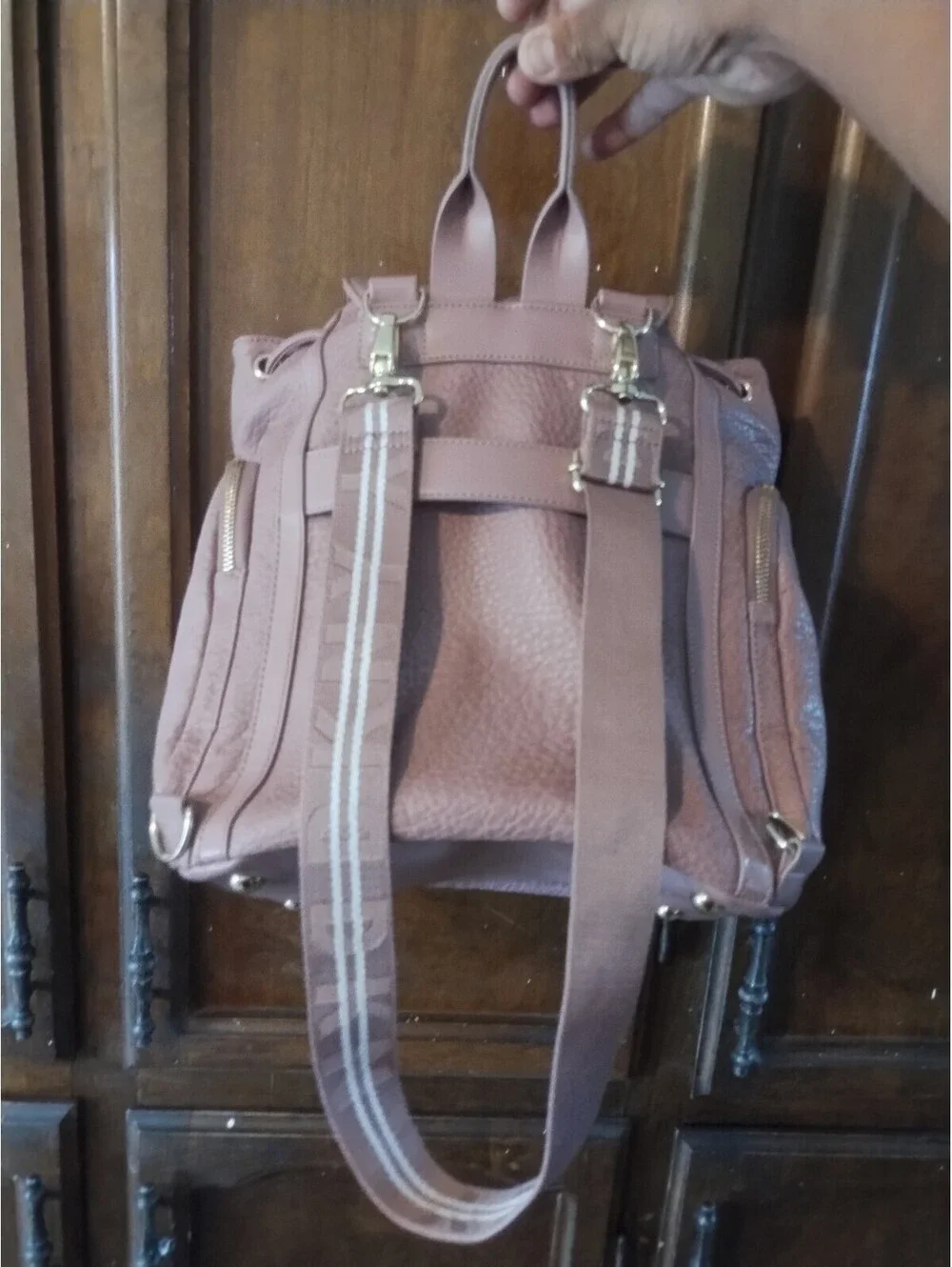 DKNY Pink Backpack Gold Hardware Drawstring Zip Women's Medium Outer Pockets